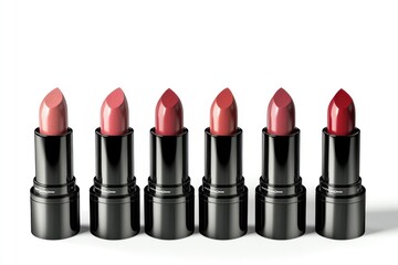 A vibrant selection of lipsticks in shades of red, pink, and wine arranged on a white background