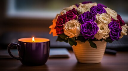 Fototapeta premium A romantic arrangement of purple and white roses in a delicate vase, softly illuminated by the flickering glow of a nearby candle, perfect for Valentine's Day.