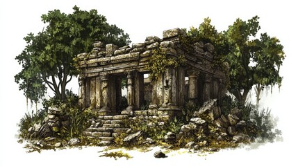 Obraz premium Ancient stone ruins overgrown with vegetation in a serene natural setting, evoking history