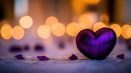 Fototapeta premium A dreamy purple heart rests on a bed of soft petals, illuminated by twinkling lights, creating a romantic atmosphere perfect for Valentine's Day.