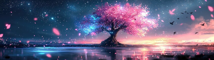 Mystical Star Wars-Inspired Glowing Tree with Cosmic Force Energy, Vibrant Colors, and Ethereal Galaxy