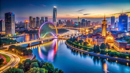 Obraz premium Nanjing City Skyline Night View: Eye Bridge & Poly Theater