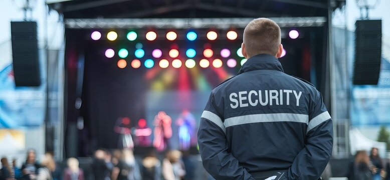 A security guard wearing a security jacket stands in front of a stage with colorful lights and blurred background,