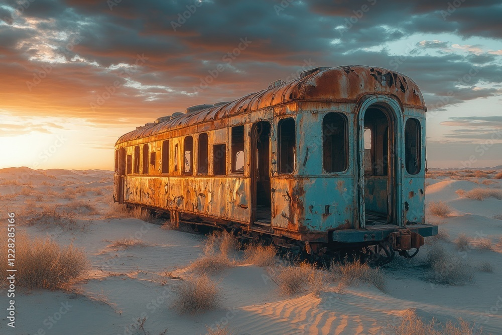 Wall mural Rusty train wreck rests in desert sands at sunset, a relic of time's passage.