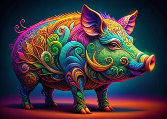 Fototapeta premium Neon Pig Engraving Ornament T-Shirt Design - Conceptual Illustration