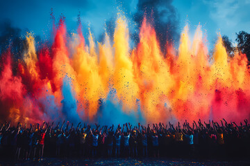 A vibrant Holi festival scene with people joyfully celebrating, throwing colorful powders in the air