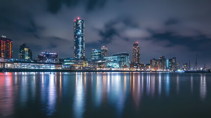Obraz premium Illuminated city skyline reflecting on water at night under dramatic cloudy sky. Radiant Horizon. Illustration