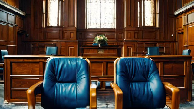 Courtroom for judicial hearings, concept of justice and compliance with laws, legislative power and courthouse