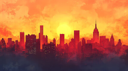 Stunning urban skyline sunset panoramic view with textured silhouettes. Radiant Horizon. Illustration