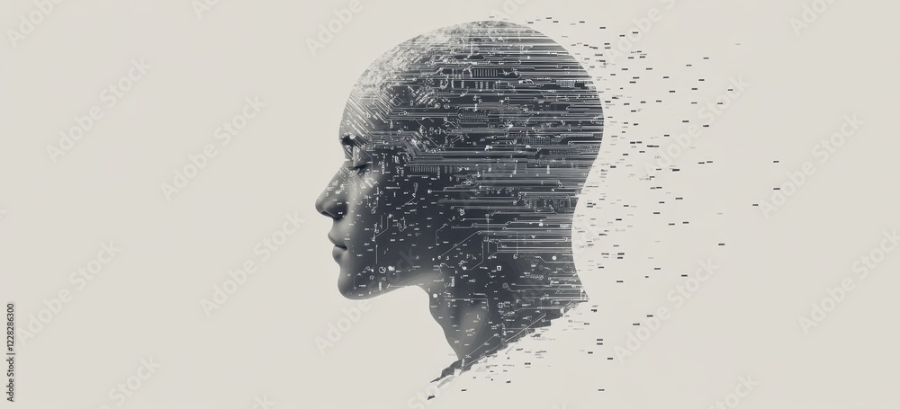 Wall mural a digital human head profile made from binary code and circuit board lines, symbolizing artificial i