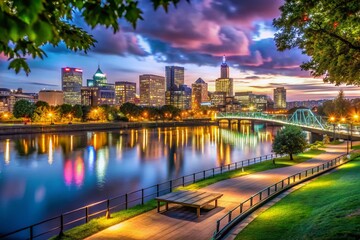 Fototapeta premium Night Lights illuminate Portland's Waterfront Park, Oregon Riverfront Scenery