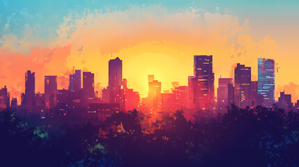 Fototapeta premium Vibrant urban skyline at sunset: panoramic view and textured silhouettes. Radiant Horizon. Illustration