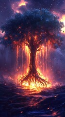 Mystical Star Wars-Inspired Glowing Tree with Cosmic Force Energy, Vibrant Colors, and Ethereal Galaxy