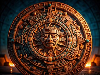 Fototapeta premium Night Photography: Aztec Shield Design - Ancient Symbol Illuminated