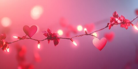 A playful string of red paper hearts on pastel pink, ideal for Valentine's Day, weddings, and festive event promotions.