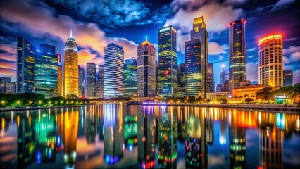 Fototapeta premium Night Photography: Modern City Architecture Skyline, Illuminated Buildings, Urban Landscape