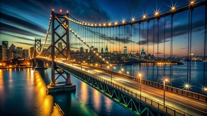 Fototapeta premium Night Suspension Bridge, Low Light Cityscape, Dramatic Shadows, Steel Structure, Illuminated Cables