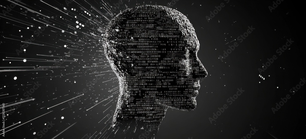 Poster background with a digital human head made of binary code and circuit board lines on a grey backgroun