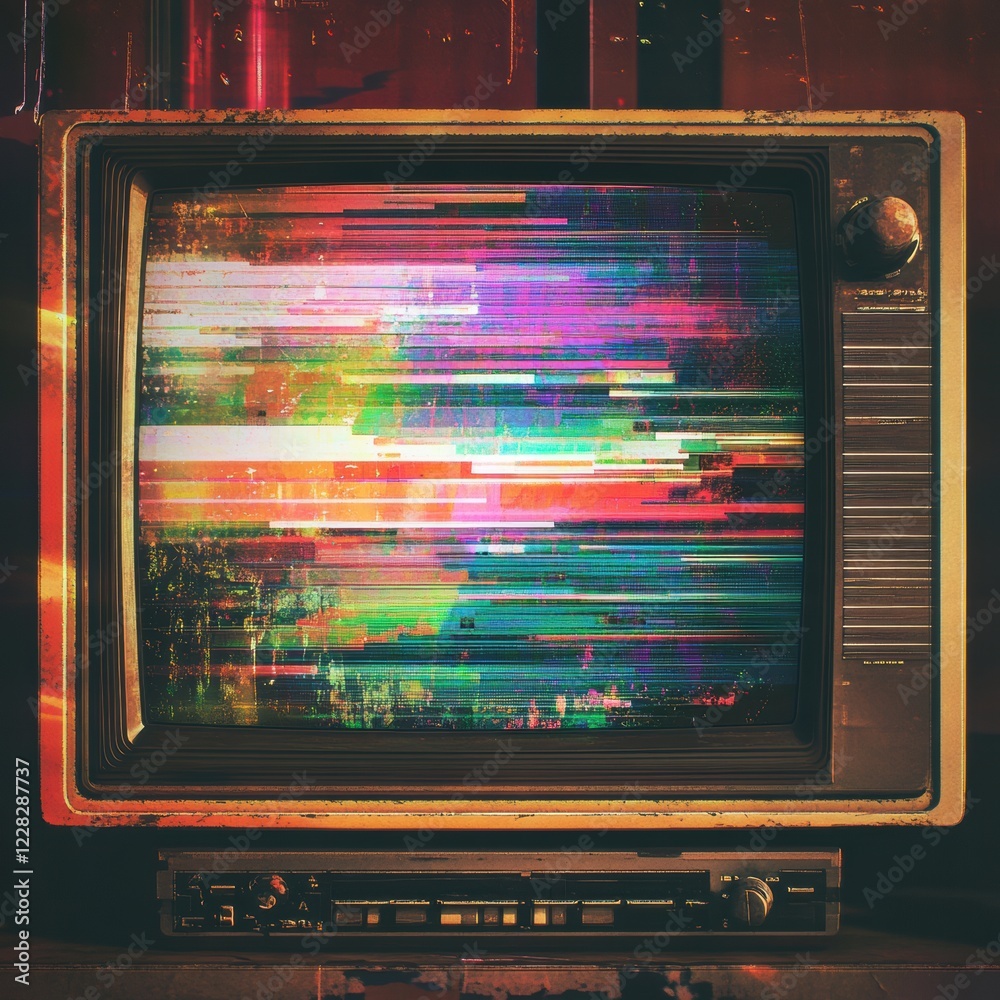Poster retro television screen displaying vibrant static noise and glitch patterns from an unseen broadcast