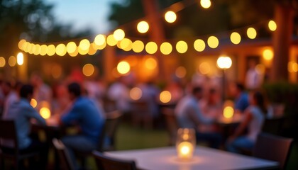 Outdoor gathering at night. People socializing, dining at tables with warm lighting, bokeh effect. Lively social event takes place in garden patio area. Warm glowing lights create festive atmosphere.
