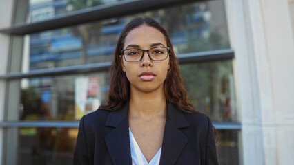 Young, hispanic, brunette woman in glasses posing on an urban street outdoors with buildings in the background.