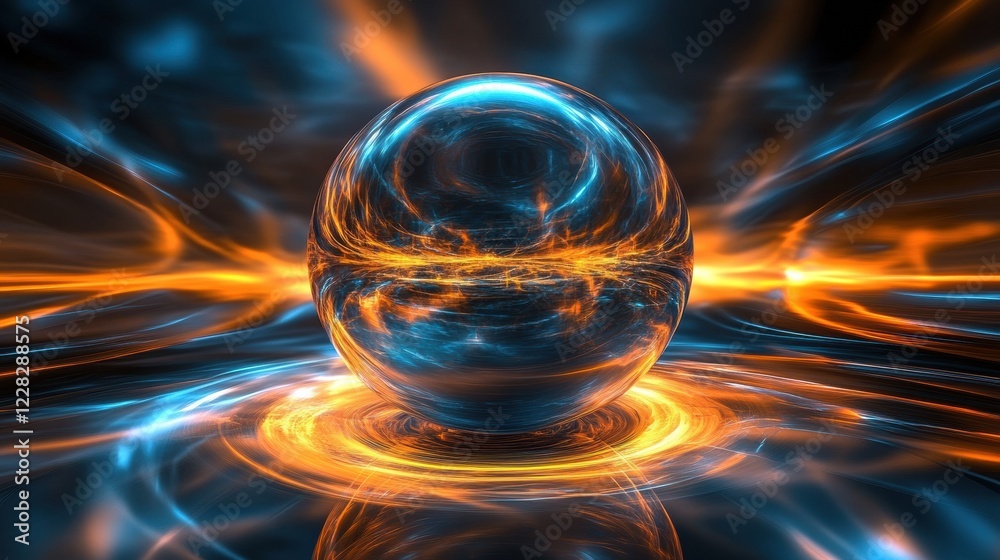 Fototapete Spinning globe with luminous contour lines reflecting light patterns in vibrant colors. Generative AI