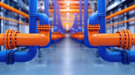 Industrial Pipes with Orange and Blue Coatings in a Warehouse Setting