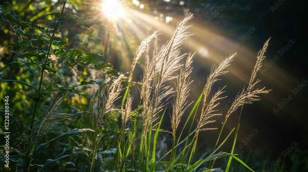 Poster golden rays illuminating wheat ears at dawn in a serene countryside landscape. generative ai