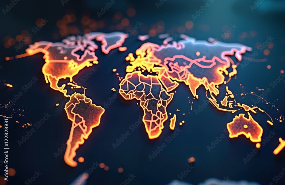 Poster global map illustration shows international trade network. world map highlights connections between 