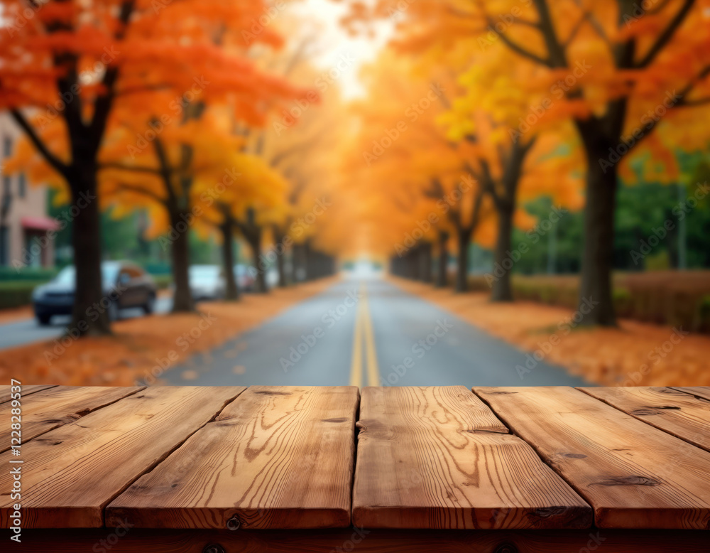 Aufkleber Empty wooden table in front of autumnal maple trees. Bokeh effect creates soft focus background. Sunny day. Natural design. Suitable for various products display. Peaceful autumn scene.