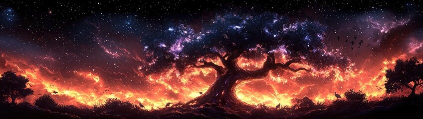 Mystical Star Wars-Inspired Glowing Tree with Cosmic Force Energy, Vibrant Colors, and Ethereal Galaxy