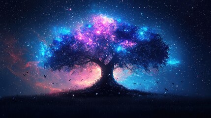 Mystical Star Wars-Inspired Glowing Tree with Cosmic Force Energy, Vibrant Colors, and Ethereal Galaxy