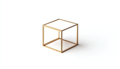 Minimalist gold cube frame on white background.