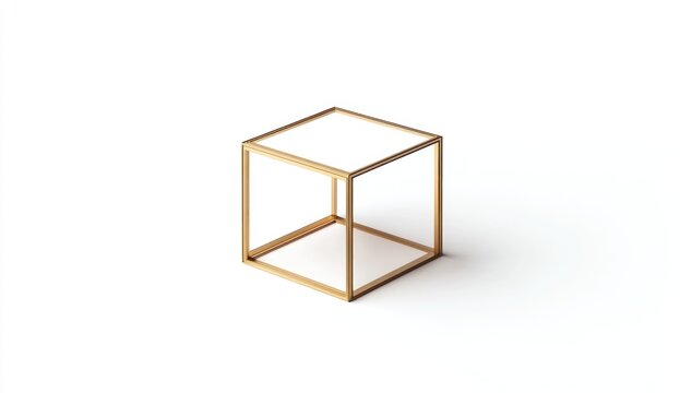 Minimalist gold cube frame on white background.