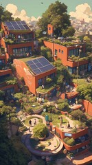 Fototapeta premium Eco-friendly hillside homes with solar panels, gardens, and walkways.
