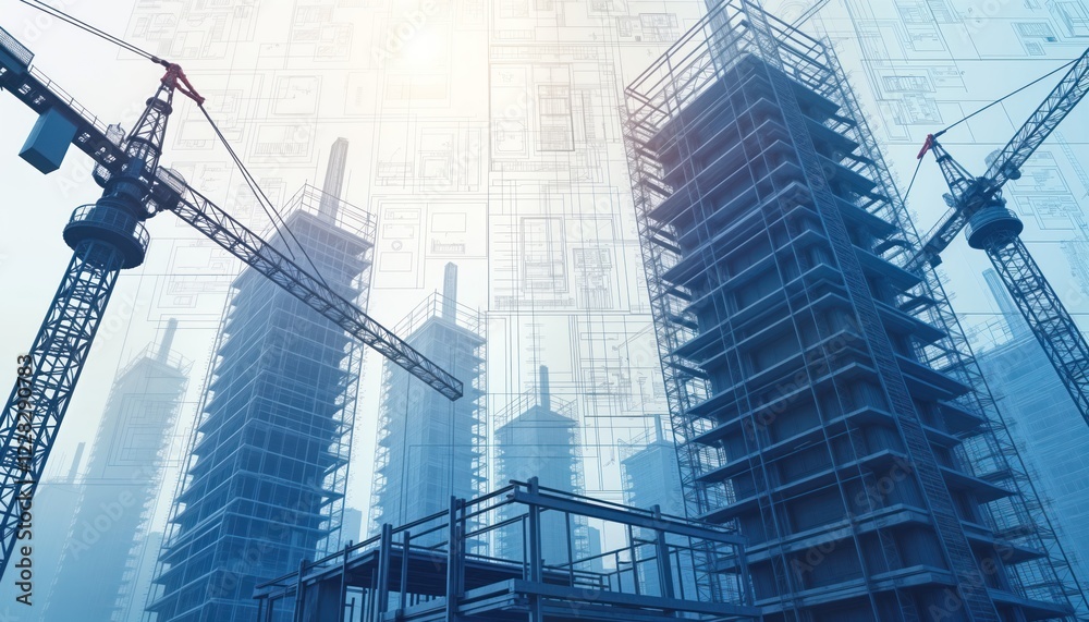 Leinwandbilder modern construction site with several skyscrapers under development. construction cranes visible. de