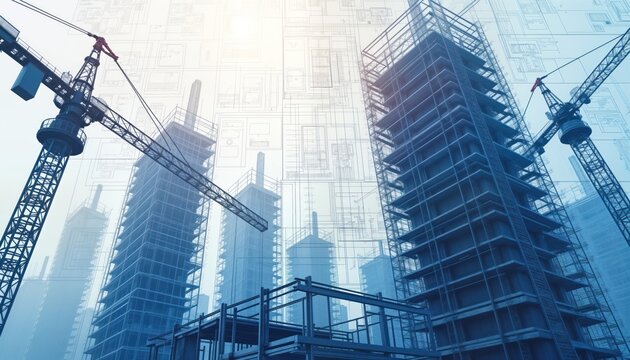 Modern construction site with several skyscrapers under development. Construction cranes visible. Detailed blueprints overlaid on image suggesting strong planning stage, execution of architectural