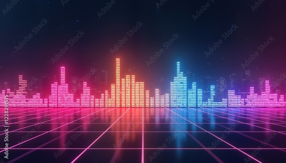 Poster Neon city skyline glows with sound wave patterns. Futuristic cityscape reflects dynamic audio. Abstract illustration of music equalizer effect. Stylish modern design. Visual representation of