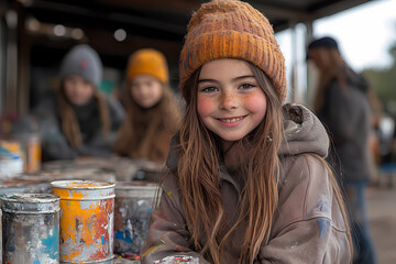 Diverse group of children and adults actively participating in a recycling workshop, promoting sustainability and environmental awareness