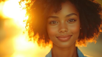 Fototapeta premium Close-up portrait of a smiling woman with curly hair, backlit by the golden glow of the setting sun.