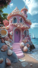 Shell-covered roof seaside house whimsical charm scenery pictures