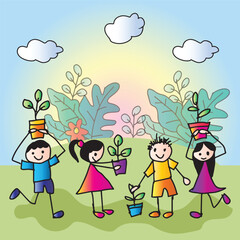 Children planting trees in the garden. Vector illustration of a happy kids.