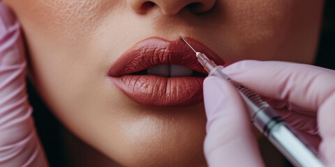 The detailed shot highlights a syringe used for a lip enhancement procedure in dermatology, focusing on precision in aesthetic treatments and emphasizing the importance of accuracy