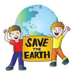 Save Earth hand drawn vector illustration in doodle style. Smiling boys with a poster.