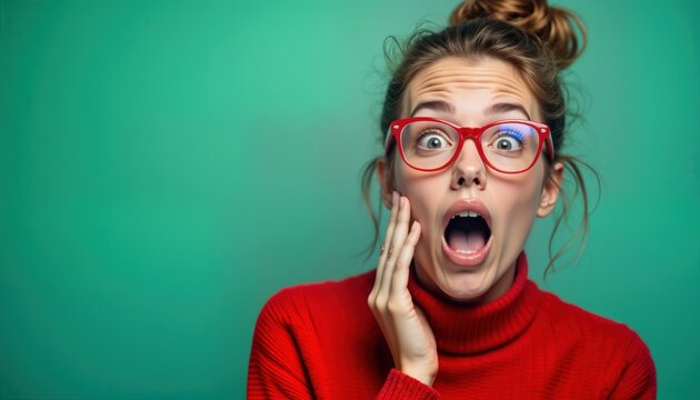 Young woman with glasses poses on green background. Wears red sweater, surprised expression. Stylish, trendy look. Studio portrait. Fashionable woman. Attractive model. Posing for photo. Trendy