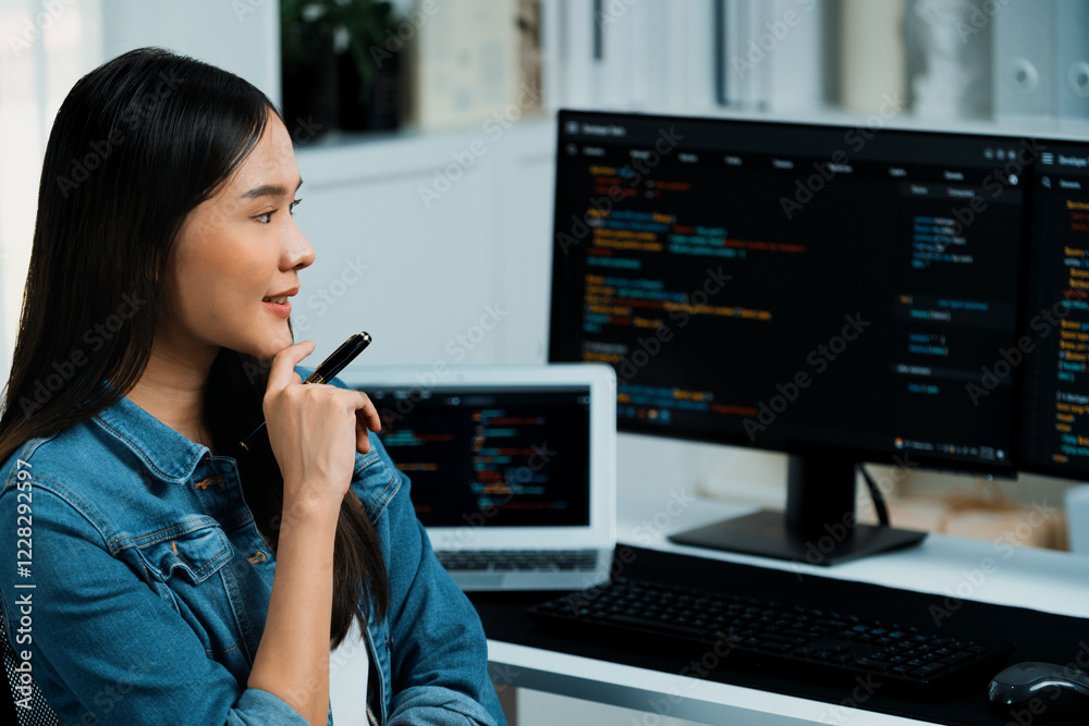 Poster young asian it developer looking online information on pc for beautiful pose with coding program dat