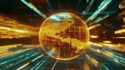Spinning globe with glowing contour lines showing continents and oceans in a dynamic futuristic environment. Generative AI