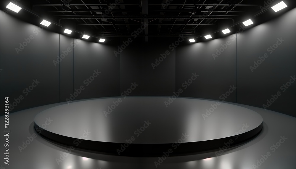 Aufkleber empty dark studio with round platform. bright lights create reflections. minimalist tech design. mod