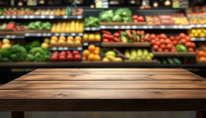 Empty wooden table in front of blurred supermarket produce section. Fresh fruits, vegetables displayed in background. Healthy food shopping scene. Photo shows empty place to put products. Great image