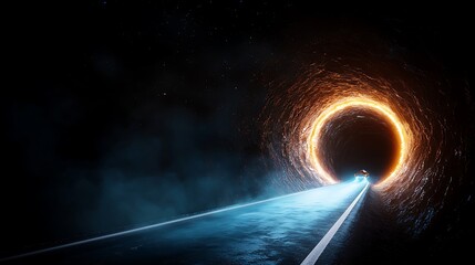 Futuristic road through fiery cosmic tunnel